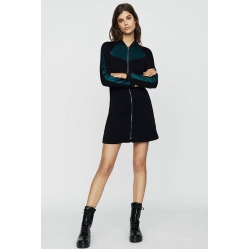 MAJE • Black/Green Rizia Contrast-Inset A-Line Long Sleeve Mini Dress, S - Picture 15 of 16